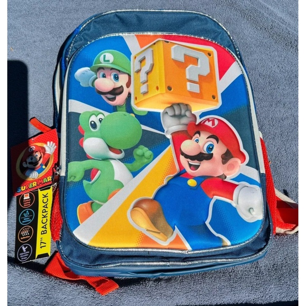 Nintendo Super Mario 17 Inch Backpack Mario Luigi Yoshi Padded Laptop Sleeve NWT